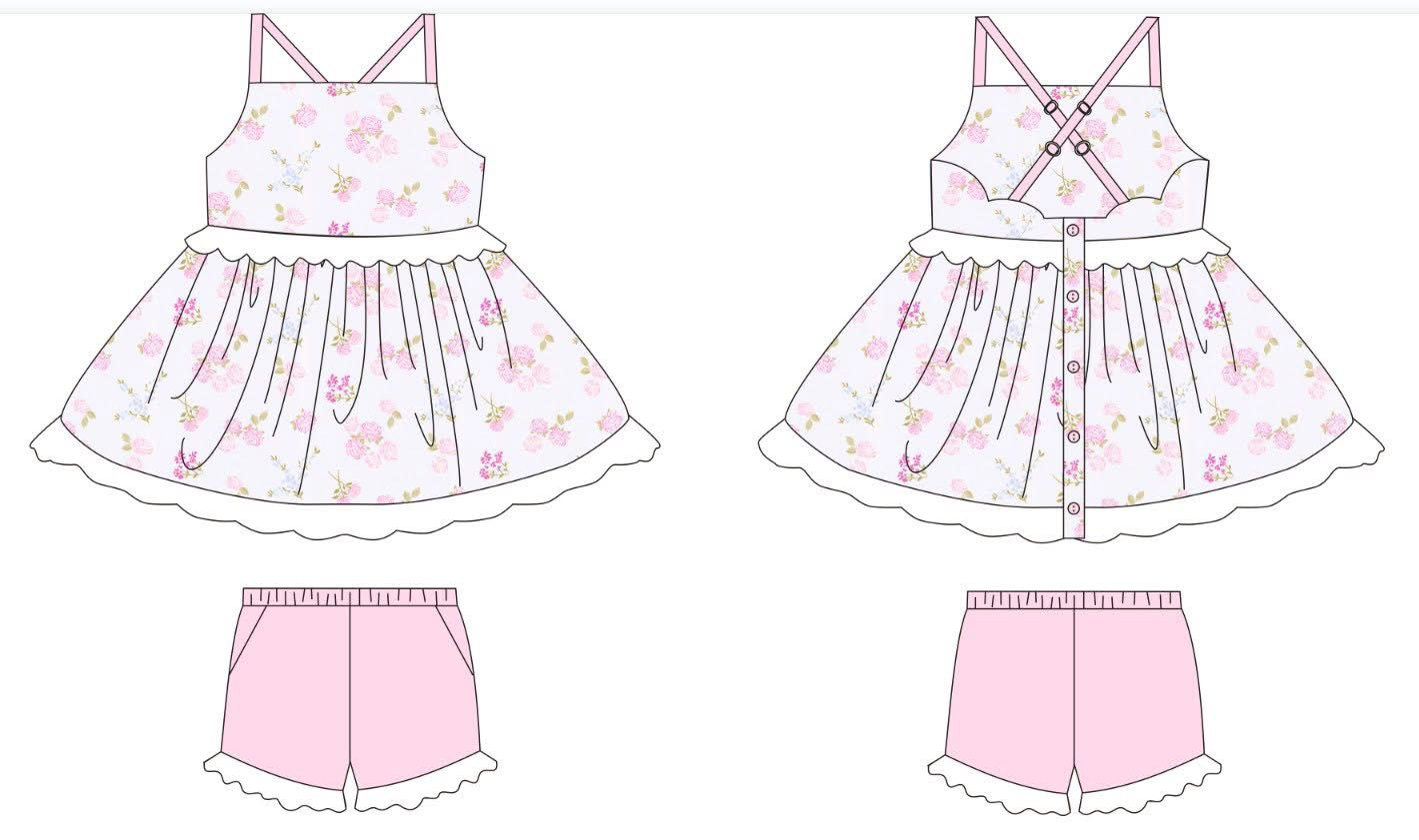 ( Moq 5 ) Preorder Baby Girls Kids Straps Flower Buttons Tunic Pockets Pink Shorts Summer Set