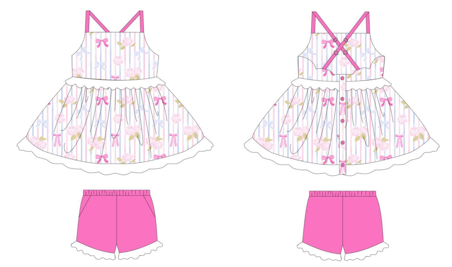 ( Moq 5 ) Preorder Baby Girls Kids Straps Flower Stripes Buttons Tunic Pockets Shorts Clothes Set