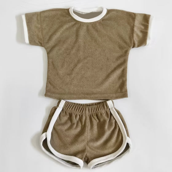 ( Moq 5 ) Preorder Baby Girls Kids Brown Short Sleeves Shirt Shorts Summer Clothes Outfit