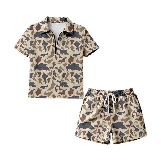 ( Moq 5 ) Preorder Adult Women Short Sleeves Light Brown Camo Zipper Shirt Shorts Woman Clothes Set