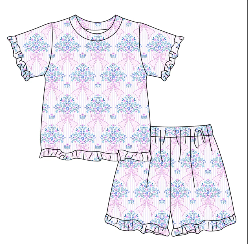 ( Moq 5 ) Preorder Baby Girls Kids Short Sleeves Pink Bows Floral Shirt Shorts Summer Clothes Set