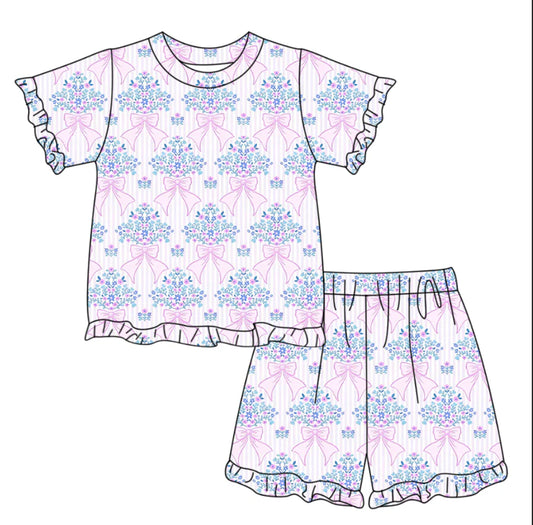 ( Moq 5 ) Preorder Baby Girls Kids Short Sleeves Pink Bows Floral Shirt Shorts Summer Clothes Set