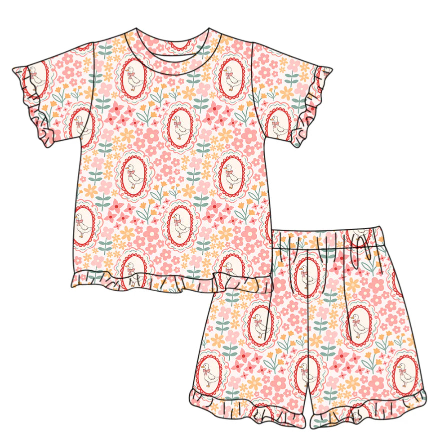 ( Moq 5 ) Preorder Baby Girls Kids Short Sleeves Goose Bows Flower Shirt Shorts Summer Set
