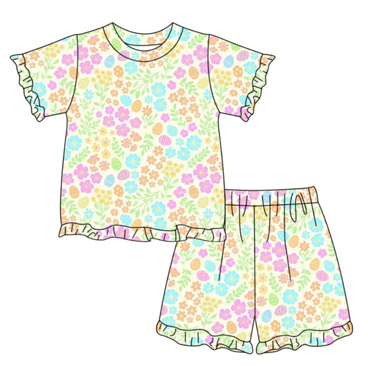 ( Moq 5 ) Preorder Baby Girls Kids Short Sleeves Flower Eggs Shirt Shorts Easter Set