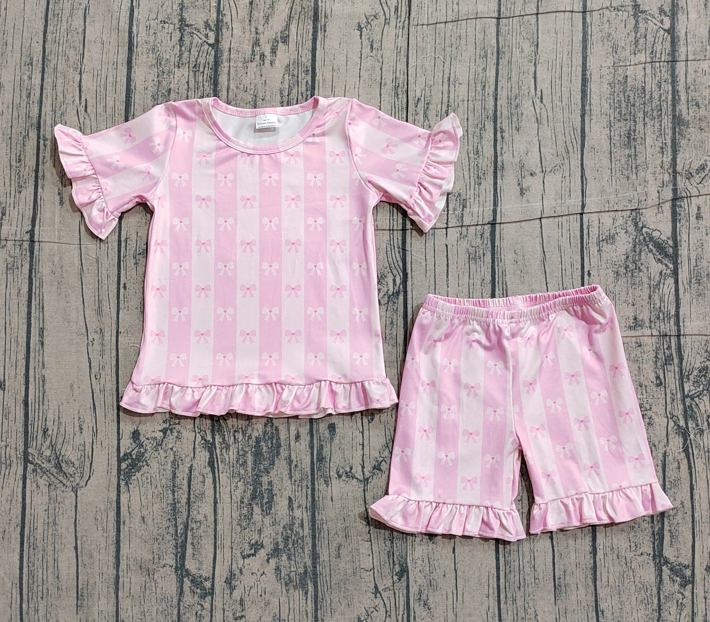 ( No moq ) Preorder Baby Girls Short Sleeves Pink Bows Stripes Shirt Shorts Summer Clothes Set
