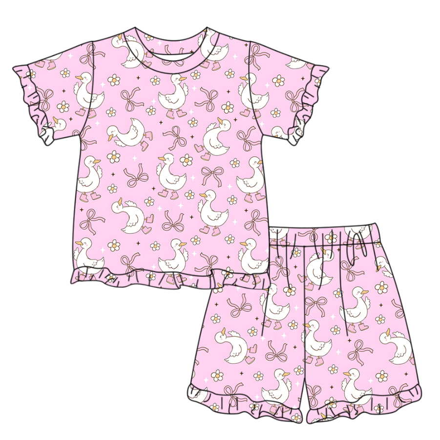 ( Moq 5 ) Preorder Baby Girls Short Sleeves Goose Bows Flower Shirt Shorts Summer Pink Clothes Set