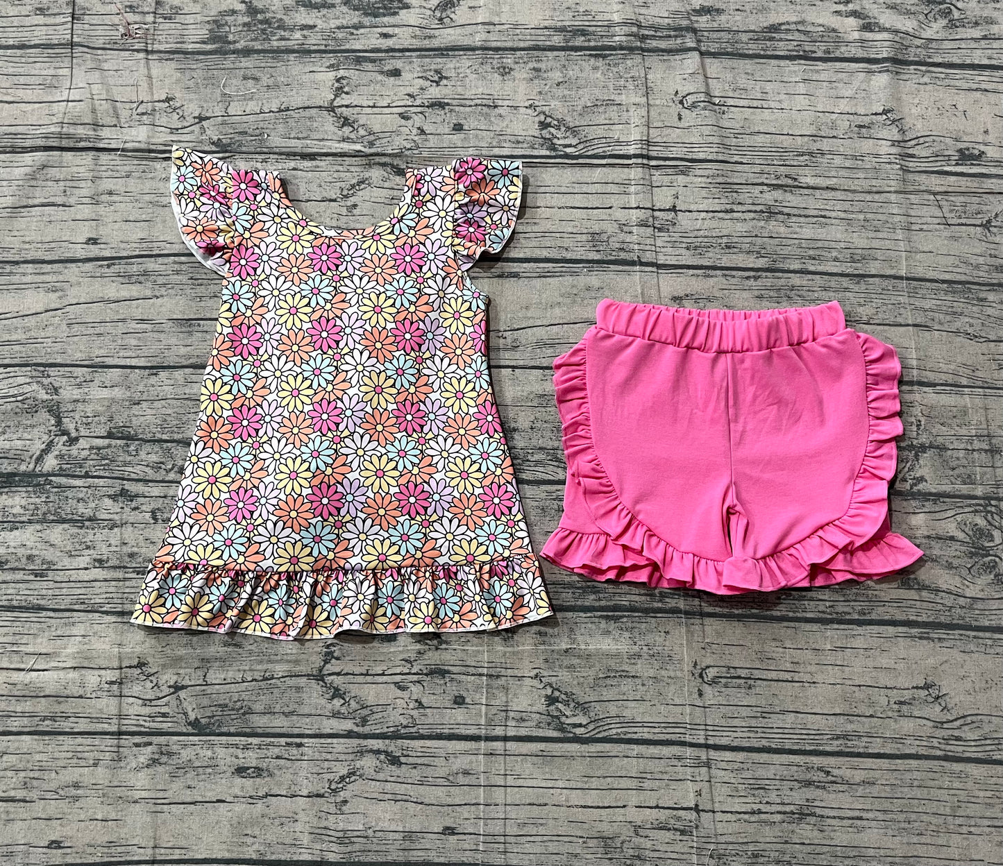 Baby Girls Kids Short Sleeves Flower Tunic Pink Ruffle Shorts Summer Set RTS