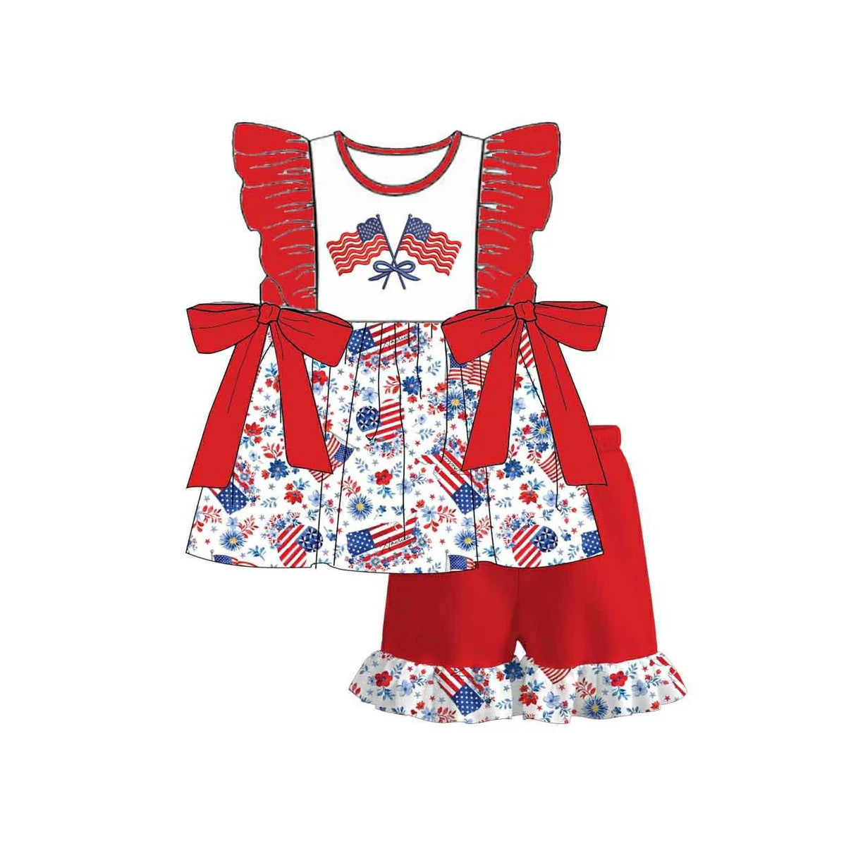 ( Moq 5 ) Preorder Baby Girls Kids Flags Hearts Bows Floral Tunic Red Shorts 4th of July Set