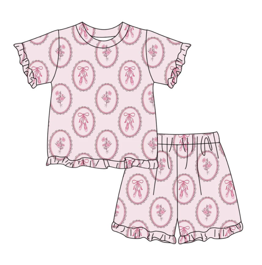 ( Moq 5 ) Preorder Baby Girls Kids Short Sleeves Shoes Bows Shirt Shorts Summer Pink Set