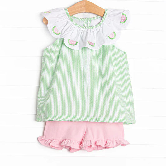 ( Moq 5 ) Preorder Baby Girls Kids Summer Watermelon Stripes Tunic Ruffle Shorts Clothes Set