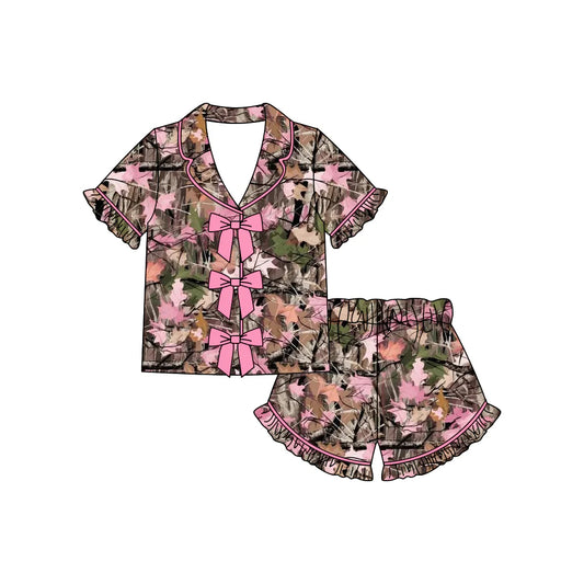 ( Moq 5 ) Preorder Baby Girls Kids Pink Bows Buttons Shirt Leaves Ruffle Shorts Hunting Pajamas Set
