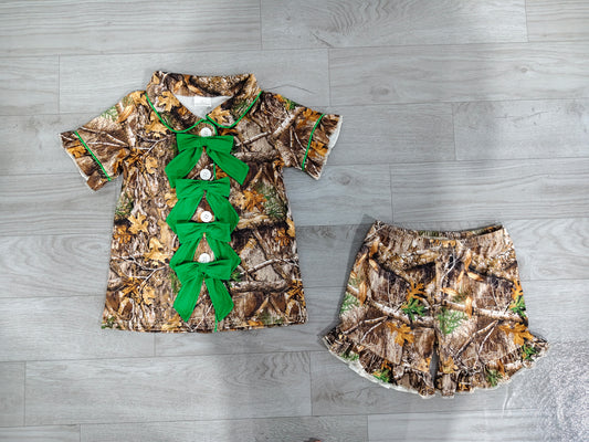 ( No moq ) Preorder Baby Girls Kids Green Bows Buttons Shirt Camo Ruffle Shorts Hunting Pajamas Set