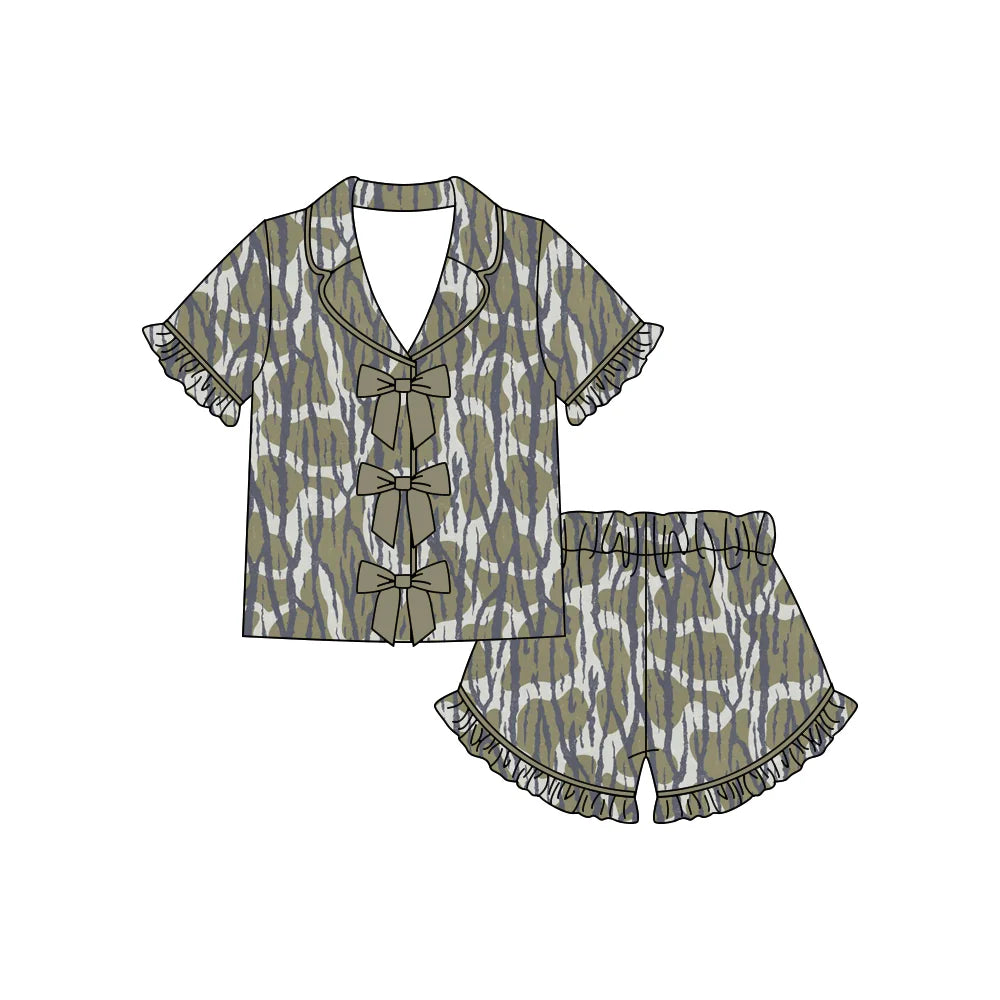 ( Moq 5 ) Preorder Baby Girls Kids Camo Bows Buttons Shirt Ruffle Shorts Hunting Pajamas Set