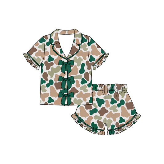 ( Moq 5 ) Preorder Baby Girls Kids Camo Green Bows Buttons Shirt Ruffle Shorts Hunting Pajamas Set