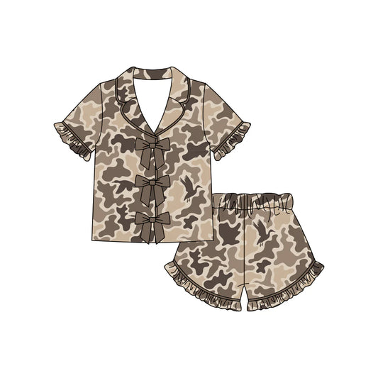 ( Moq 5 ) Preorder Baby Girls Kids Brown Camo Ducks Bows Buttons Shirt Ruffle Shorts Hunting Pajamas Set