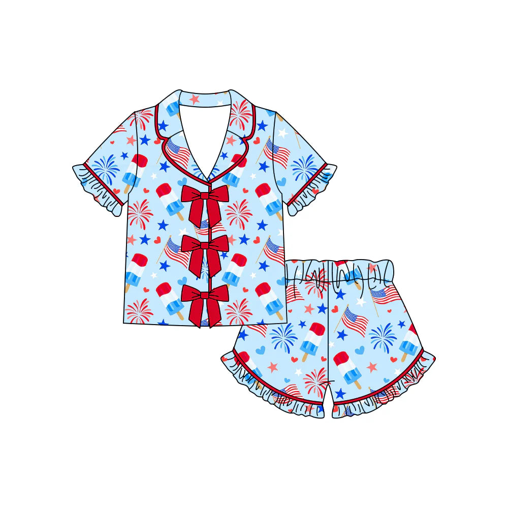 ( Moq 5 ) Preorder Baby Girls Kids Popsicles Stars Bows Buttons Shirt Ruffle Shorts 4th of July Pajamas Set