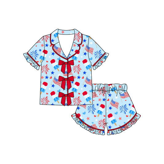 ( Moq 5 ) Preorder Baby Girls Kids Popsicles Stars Bows Buttons Shirt Ruffle Shorts 4th of July Pajamas Set