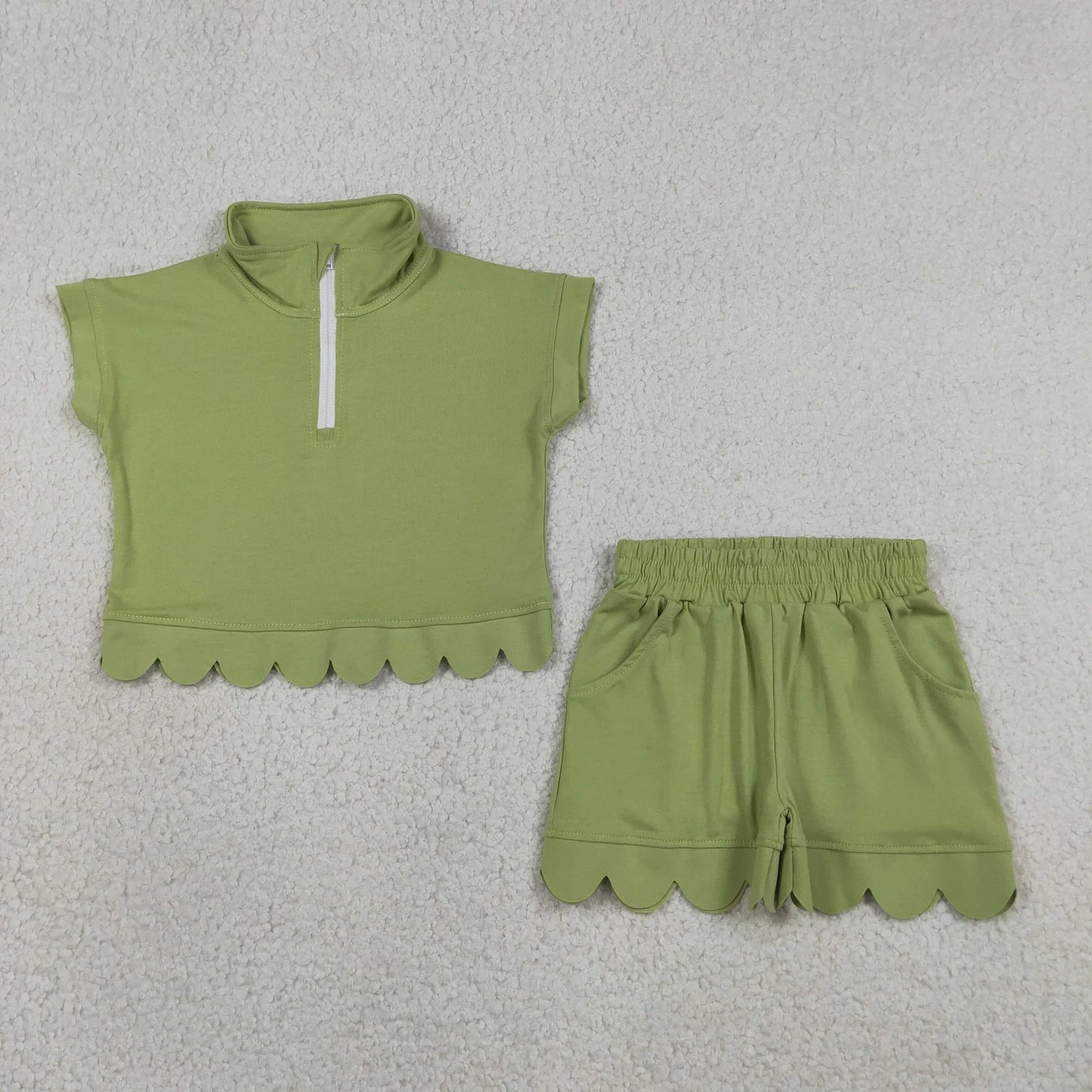 Sibling Baby Girls Kids Short Sleeves Zipper Shirts Scallop Shorts Cotton Sets Clothes RTS