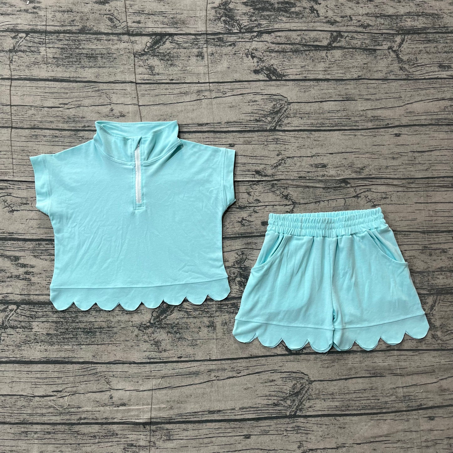 Baby Girls Kids Short Sleeves Zipper Shirt Scallop Shorts Blue Green Set RTS