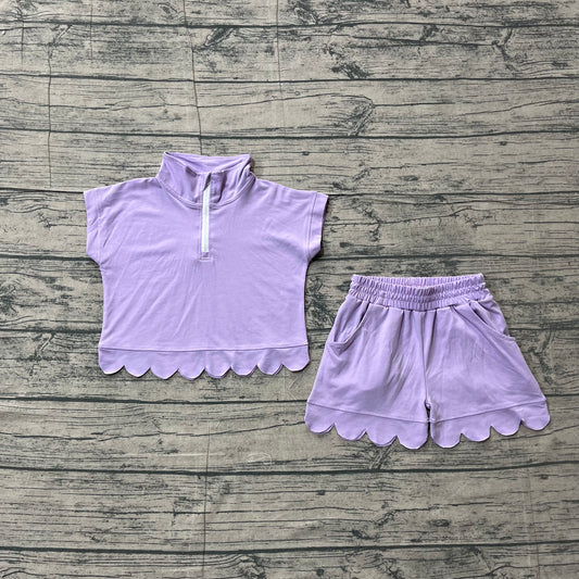 ( No moq ) Preorder Baby Girls Kids Short Sleeves Zipper Shirt Scallop Shorts Cotton Purple Set