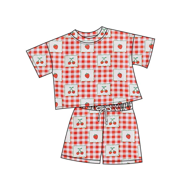 ( Moq 5 ) Preorder Baby Girls Kids Short Sleeves Strawberry Plaid Shirt Shorts Summer Set