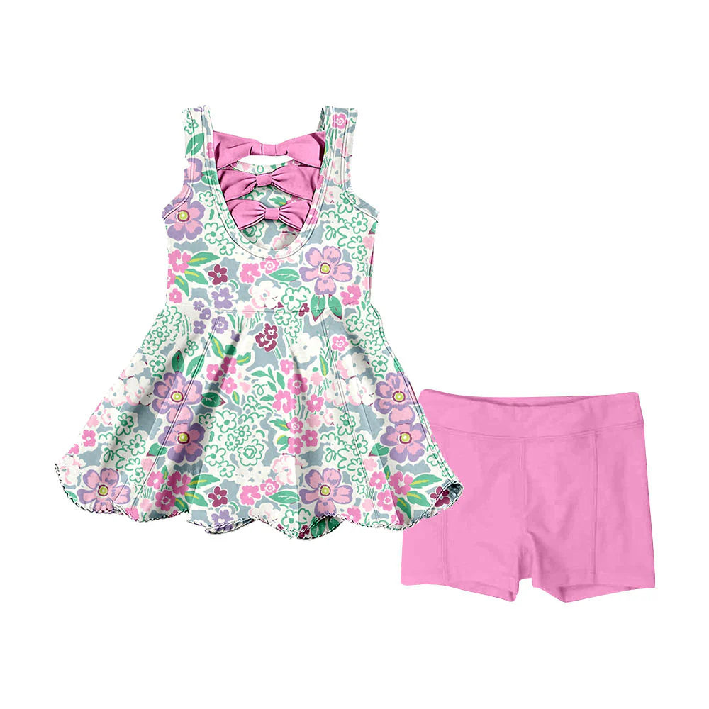 ( Moq 5 ) Preorder Baby Girls Kids Sleeveless Flower Bows Tops Pink Shorts Summer Set