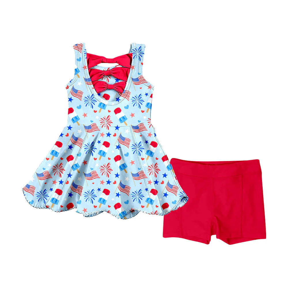 ( Moq 5 ) Preorder Baby Girls Kids Sleeveless Popsicle Flags Tops Red Shorts 4th of July Set