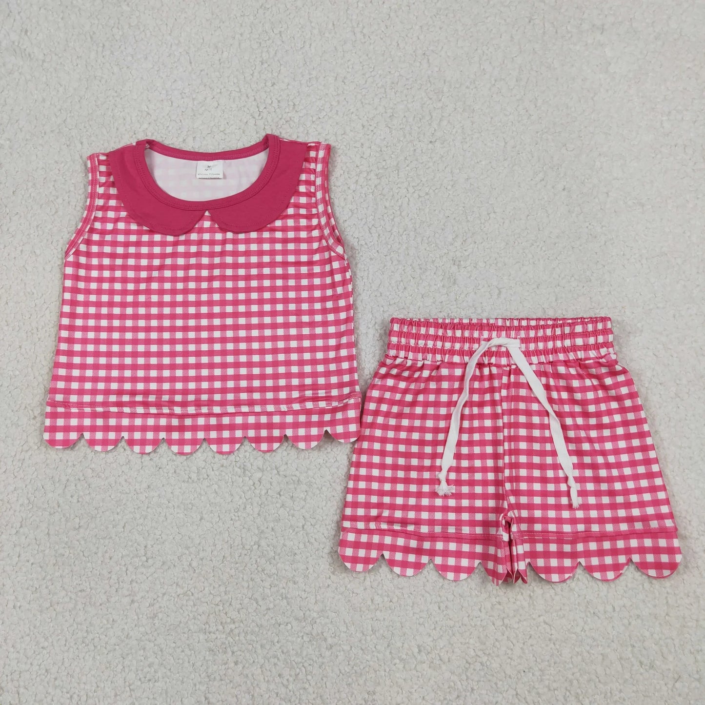 Sibling Baby Girls Kids Sleeveless Scallop Shirts Pockets Shorts Plaid Sets Clothes RTS