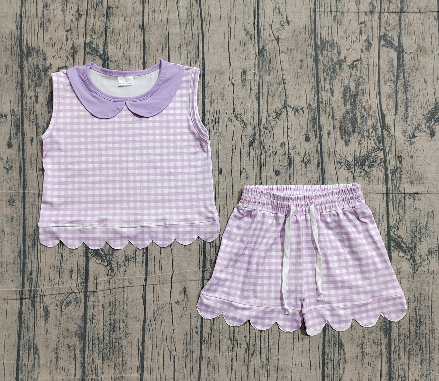 Baby Girls Kids Purple Plaid Shirt Scallop Shorts Summer Set Clothes RTS