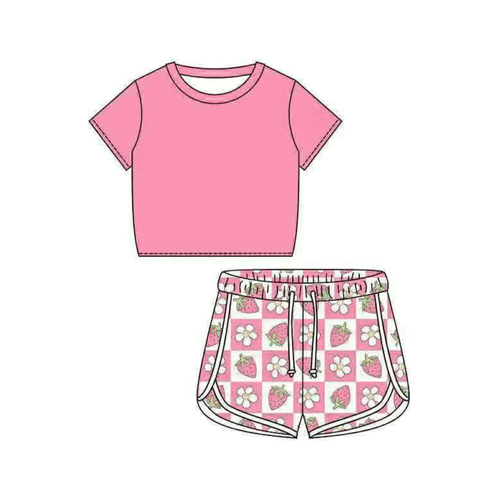 ( Moq 5 ) Preorder Baby Girls Kids Short Sleeves Pink Shirt Strawberry Flower Plaid Shorts Set