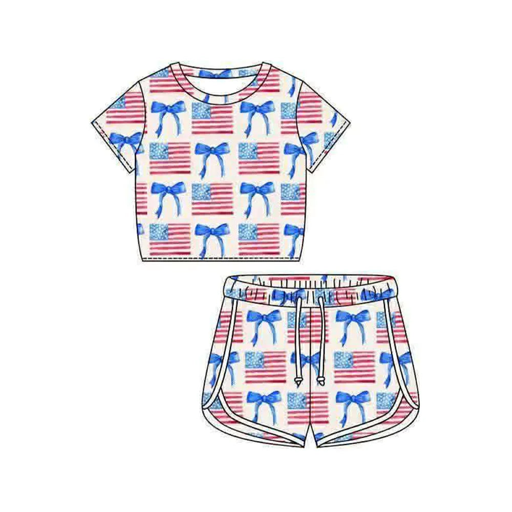 ( Moq 5 ) Preorder Baby Girls Kids Short Sleeves Shirt Blue Bows Flags Shorts 4th of July Set