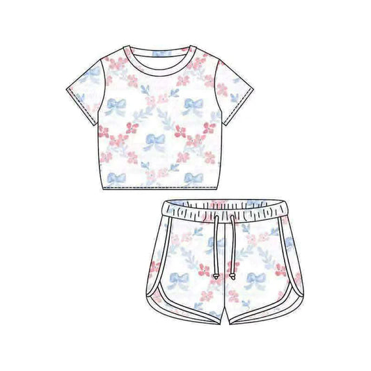 ( Moq 5 ) Preorder Baby Girls Kids Short Sleeves Shirt Bows Flower Shorts 4th of July Set