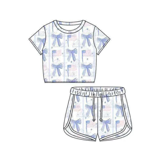 ( Moq 5 ) Preorder Baby Girls Kids Short Sleeves Shirt Bows Flags Shorts 4th of July Set