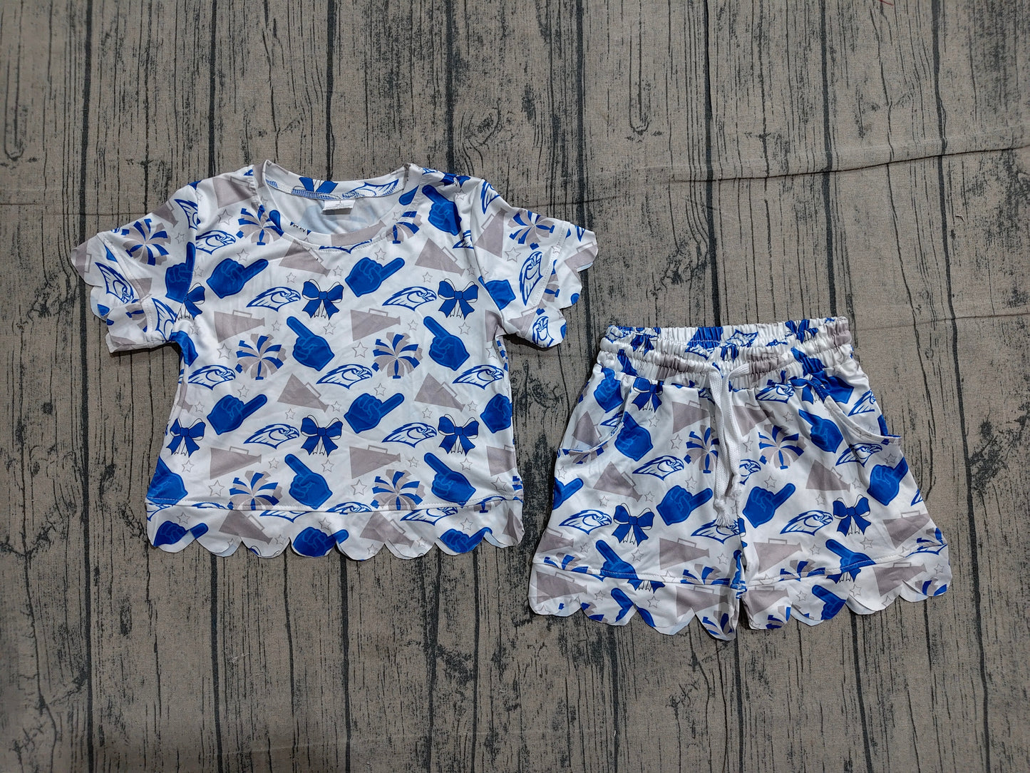 Baby Girls Kids Short Sleeves Blue Bows Cheer Shirt Scallop Shorts Team Set RTS