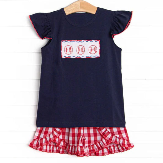 ( Moq 5 ) Preorder Baby Girls Kids Short Sleeves Baseball Shirt Red Plaid Shorts Summer Set
