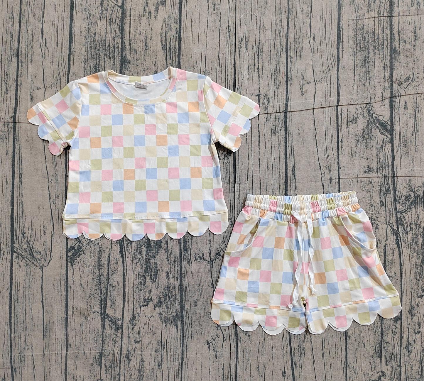 ( No moq ) Preorder Baby Girls Kids Short Sleeves Colorful Checked Shirt Shorts Summer Set