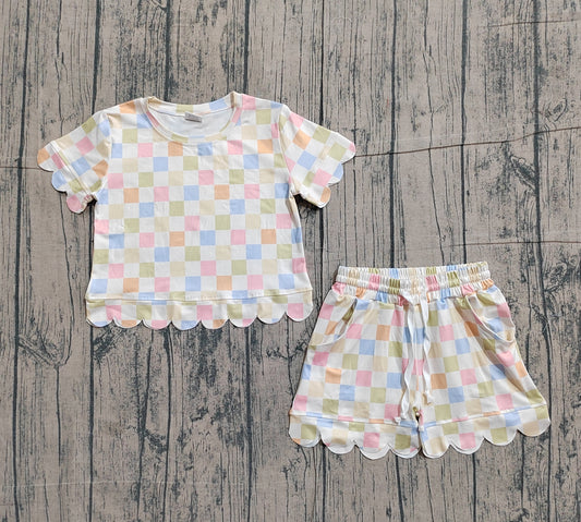 ( No moq ) Preorder Baby Girls Kids Short Sleeves Colorful Checked Shirt Shorts Summer Set