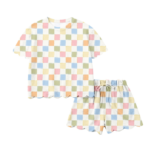 ( Moq 5 ) Preorder Baby Girls Kids Short Sleeves Colorful Checked Shirt Scallop Shorts Summer Set