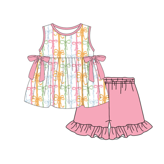 ( Moq 5 ) Preorder Baby Girls Kids Sleeveless Bows Stripes Tops Pink Ruffle Shorts Set
