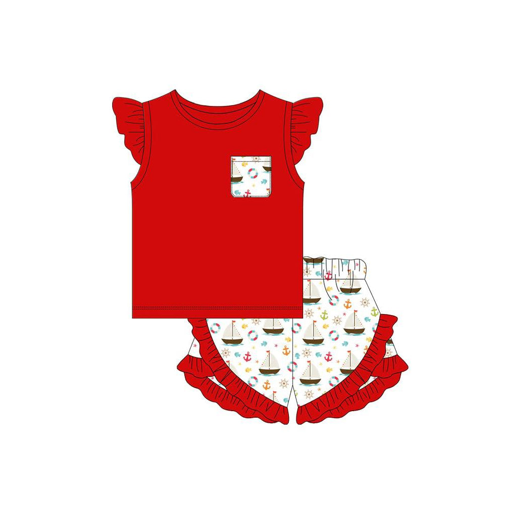 ( Moq 5 ) Preorder Baby Girls Kids Red Short Sleeves Pocket Shirt Boats Ruffle Shorts Set Clothes