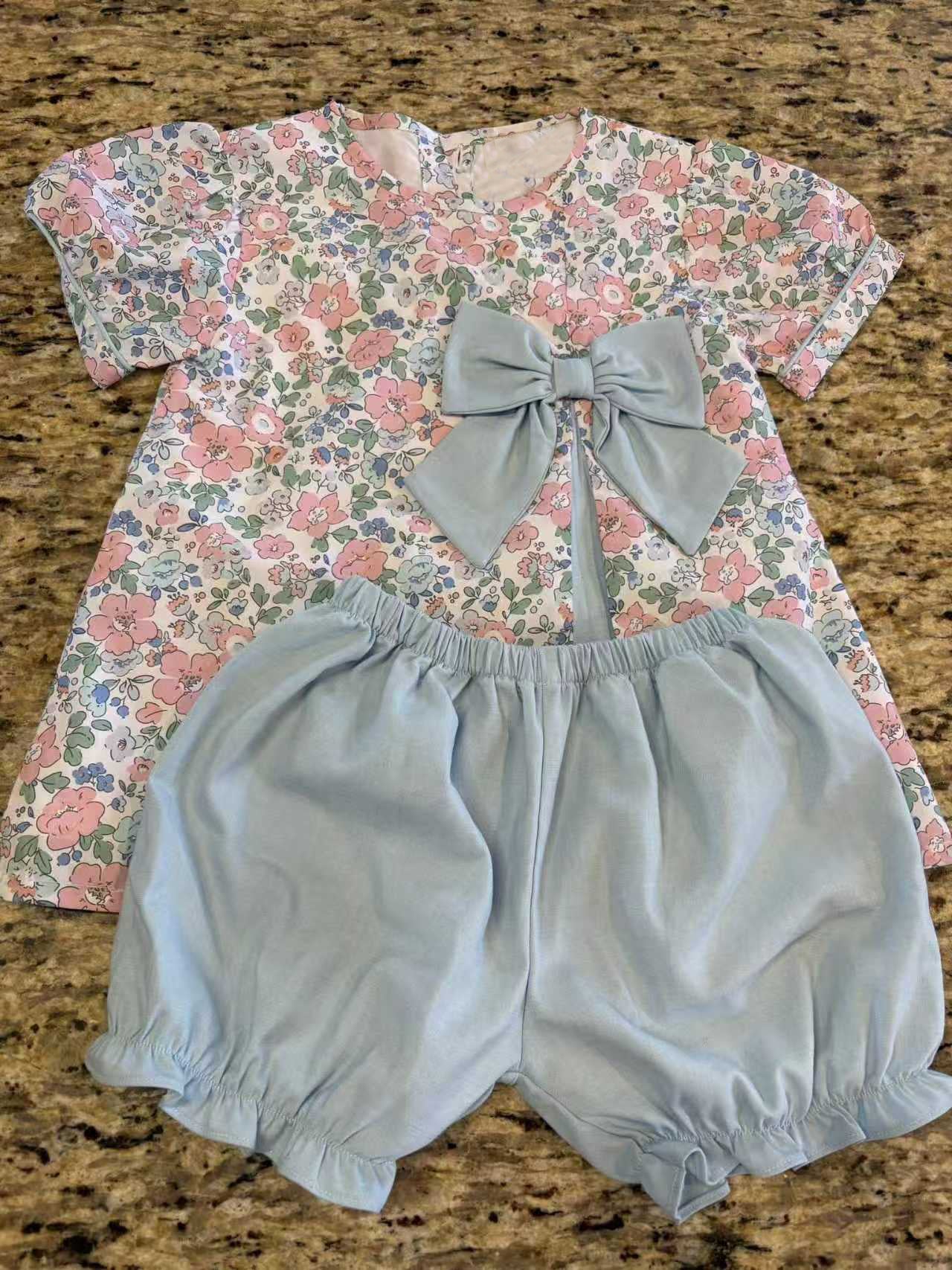 ( Moq 5 ) Preorder Baby Girls Kids Short Sleeves Flower Bow Tops Blue Shorts Set Clothes