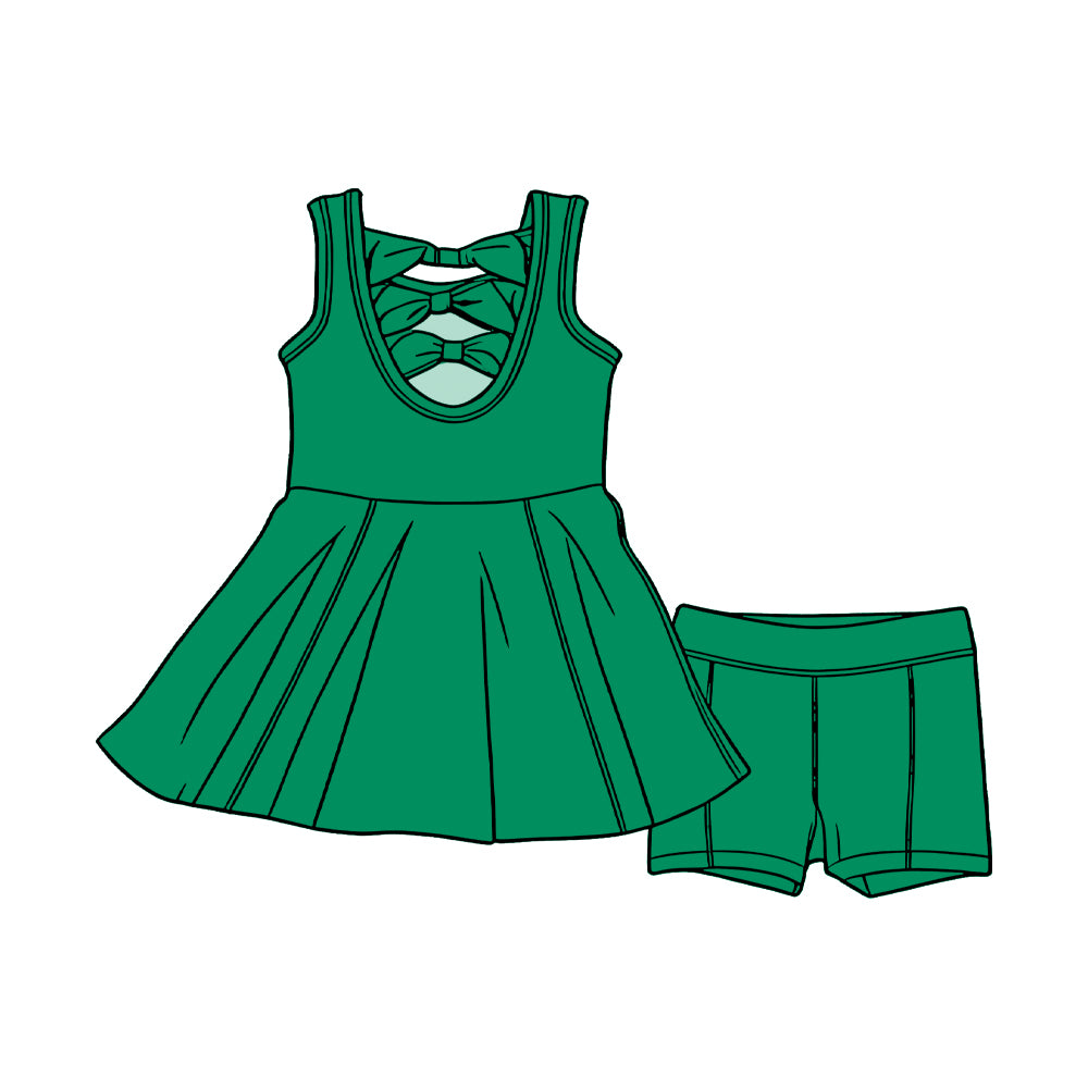 ( Moq 5 ) Preorder Baby Girls Kids Sleeveless Green Bows Tunic Shorts Set Clothes