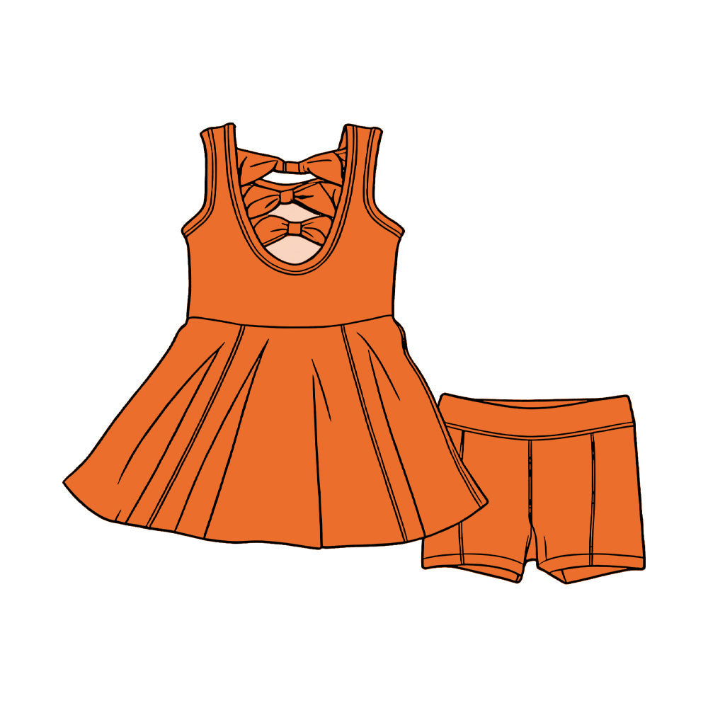( Moq 5 ) Preorder Baby Girls Kids Sleeveless Orange Bows Tunic Shorts Set Clothes