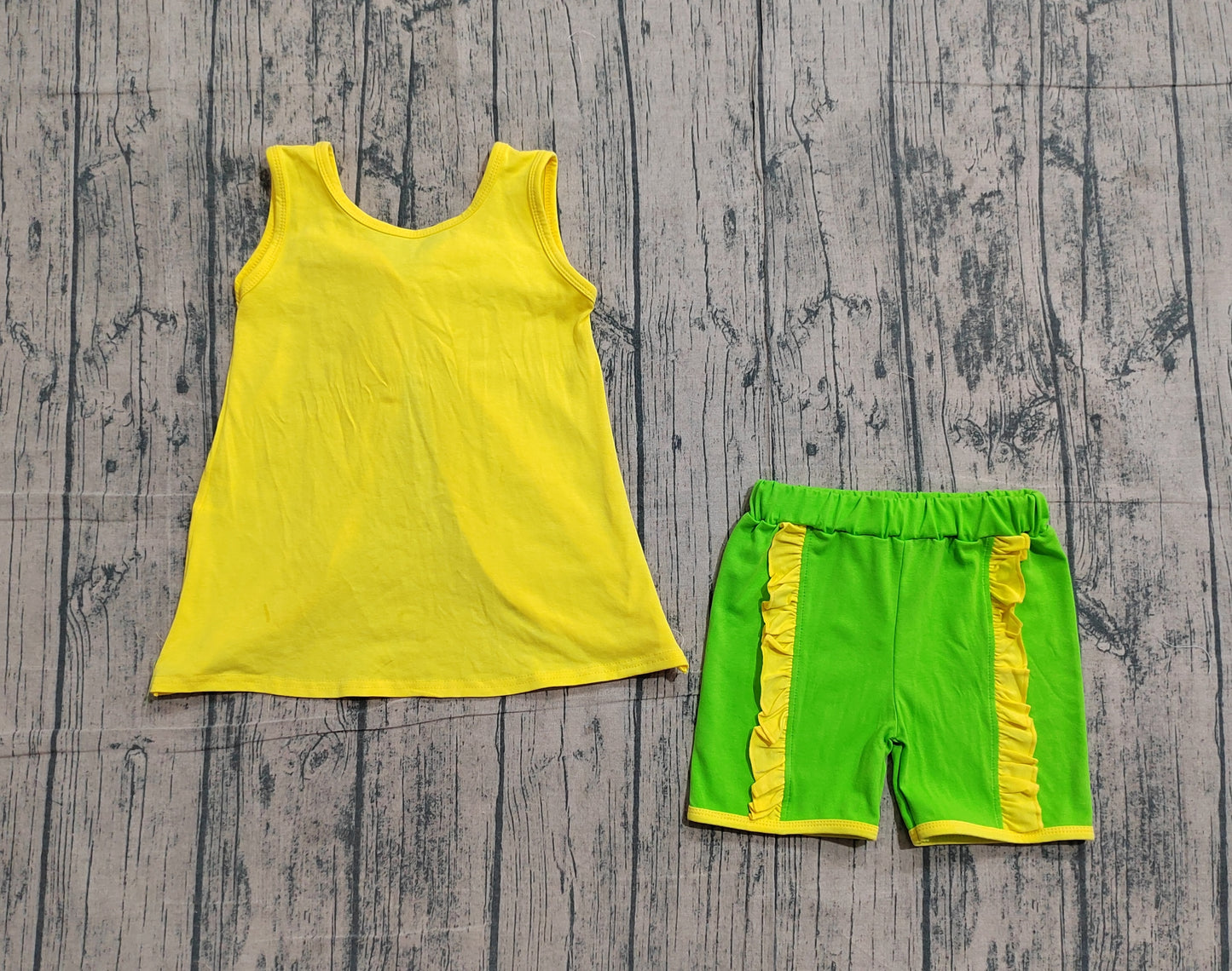 (Baby Girls Yellow Sleeveless Green Bows Tops Ruffle Shorts Set Clothes RTS