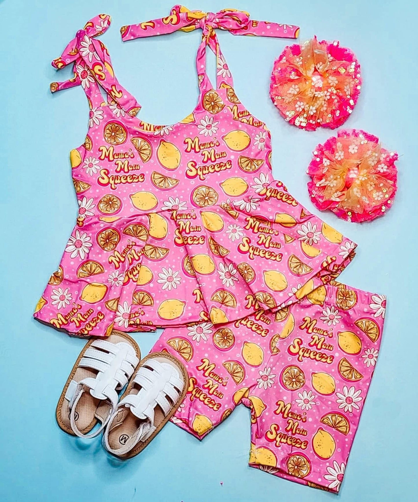 ( Moq 5 ) Preorder Baby Girls Kids Straps Lemons Tops Shorts Set Clothes