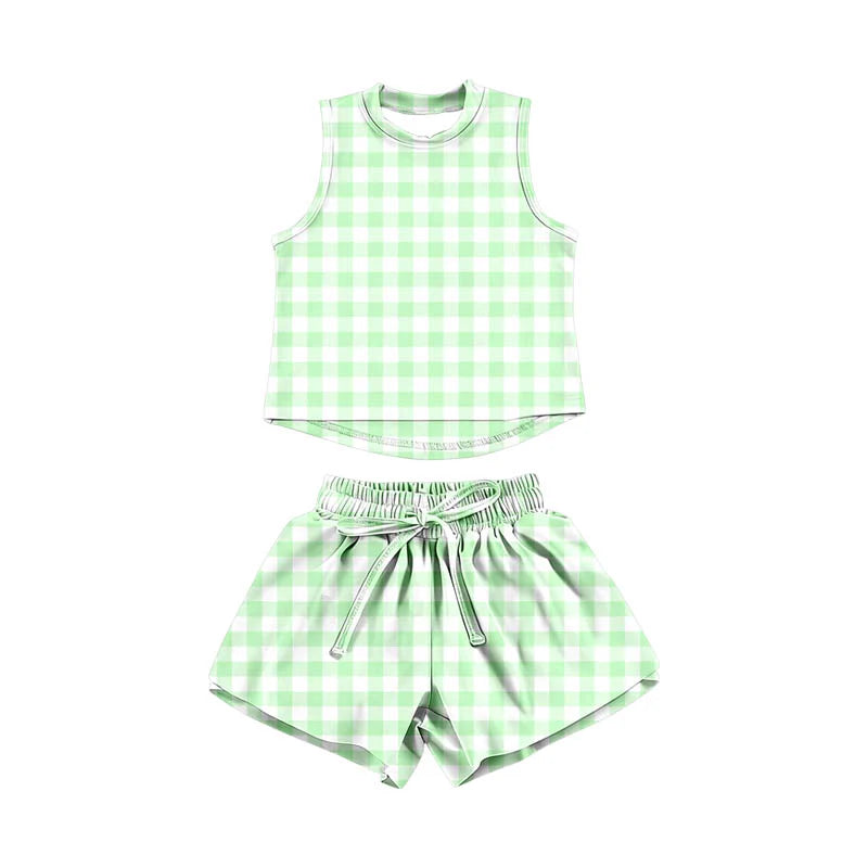 ( Moq 5 ) Preorder Baby Girls Kids Sleeveless Green Plaid Tops Shorts Set Yoga Clothes