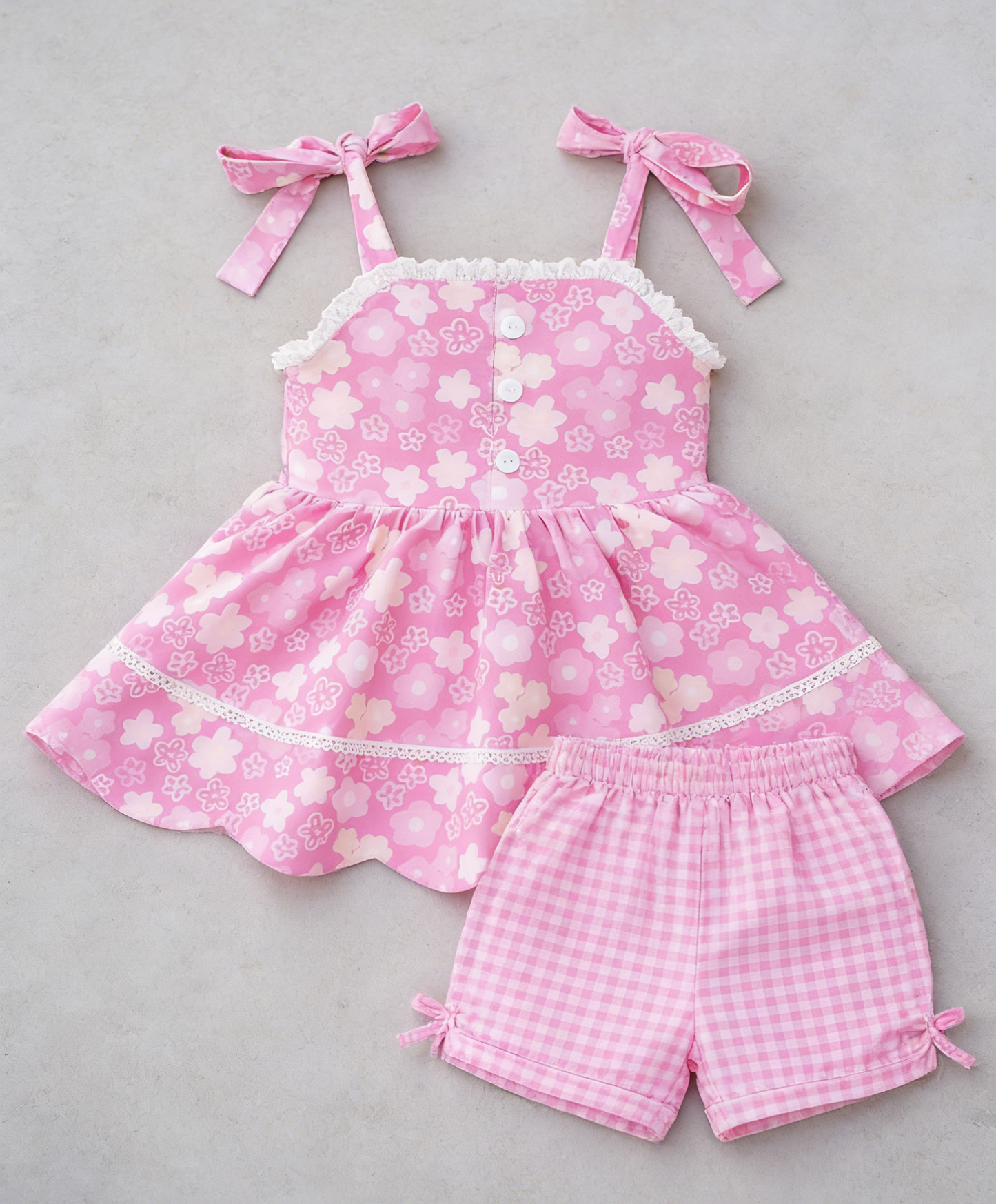 ( Moq 5 ) Preorder Baby Girls Kids Straps Flower Tunic Pink Bows Shorts Set Clothes