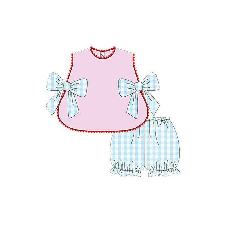 ( Moq 5 ) Preorder Baby Girls Kids Bows Tops Blue Plaid Shorts Summer Set Clothes