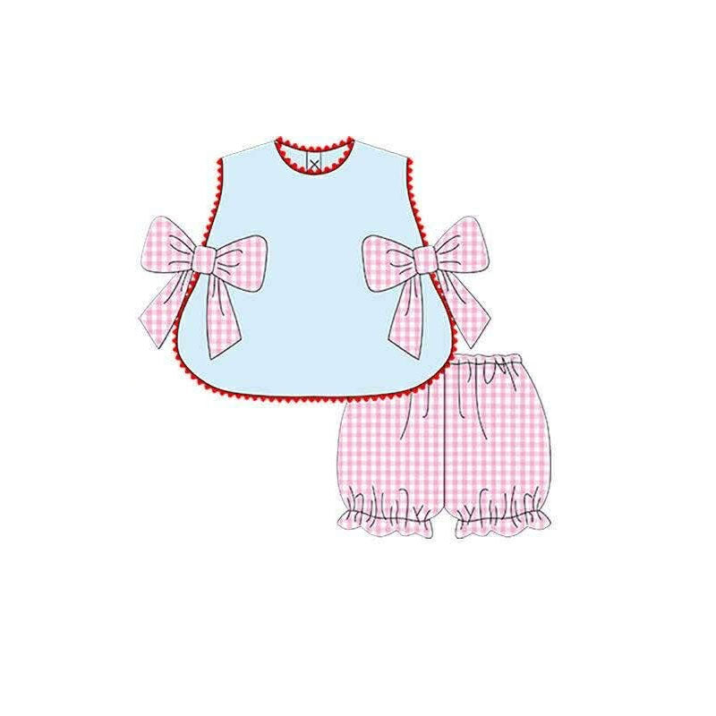 ( Moq 5 ) Preorder Baby Girls Kids Bows Tops Pink Plaid Shorts Summer Set Clothes