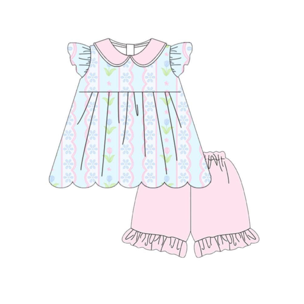( Moq 5 ) Preorder Baby Girls Short Sleeves Flower Scallop Tunic Pink Shorts Set Clothes